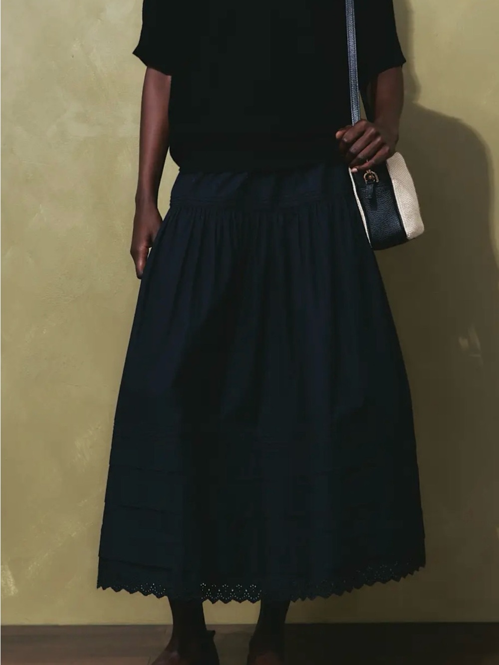 Quince 100% Cotton Black Eyelet-Hem Maxi Skirt